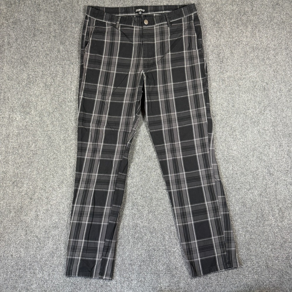 Elwood Plaid Chino Pants Mens 36x30 Gray Black Checkered Slim Fit Punk Trousers